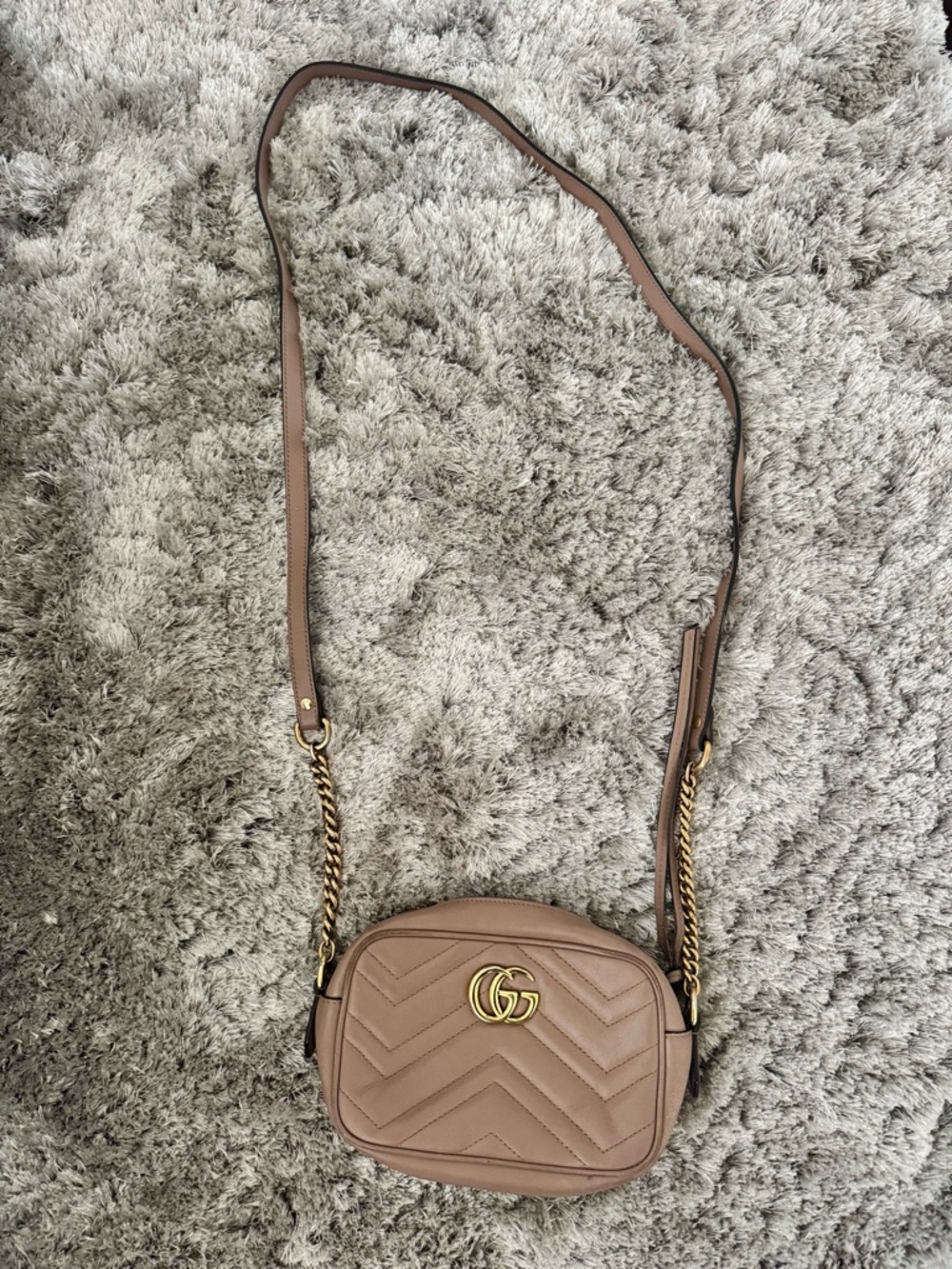 Gucci Taupe Quilted GG Marmont Small Crossbody Bag